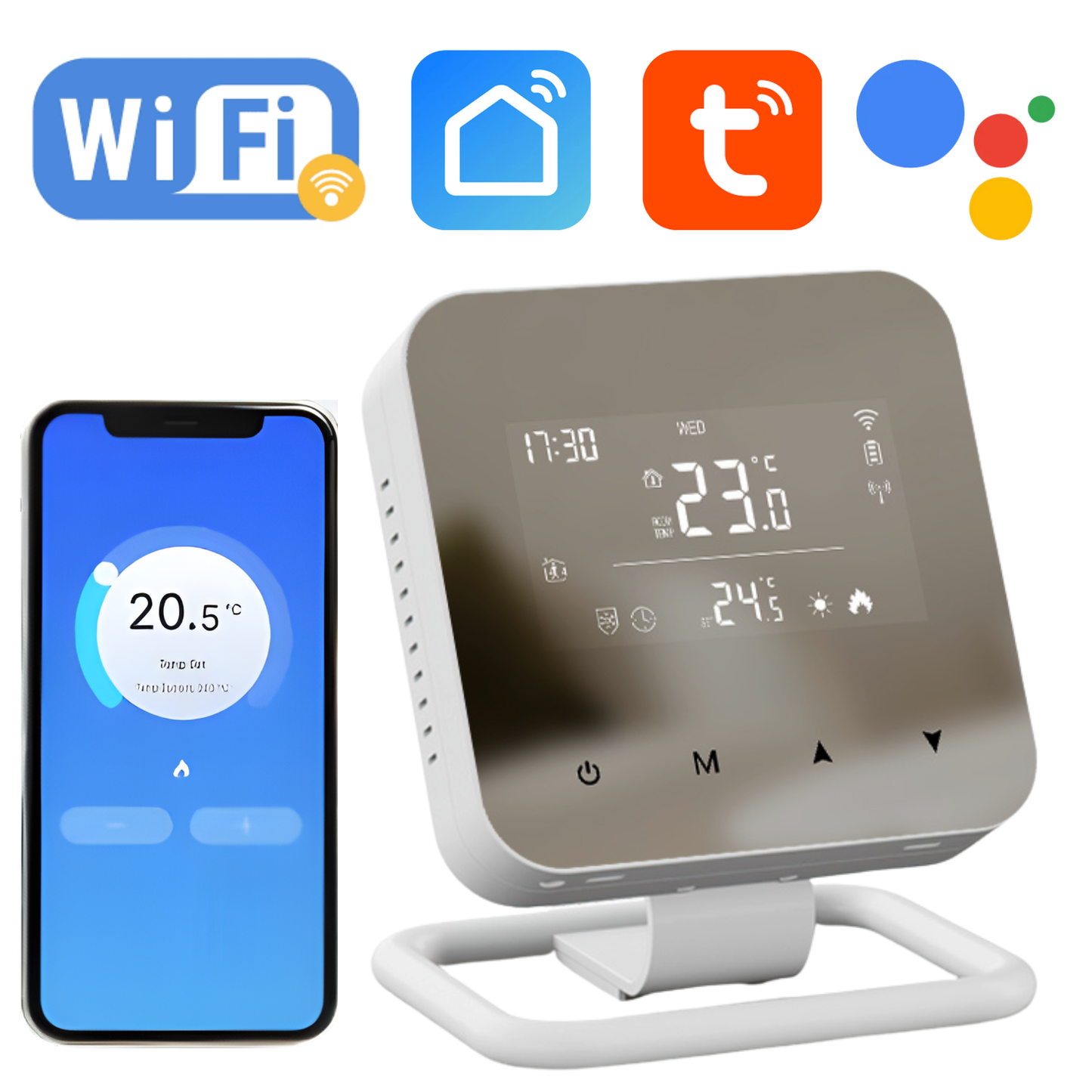 Termostat Inteligent, EDYLUX, WiFi, Programabil Zilnic/Saptamanal, Control Telefon, Display LCD Mirror, Compatibil Cu Orice Centrala Termica, Functii Smart, Compatibil Tuya/Alexa/Google, Alb 